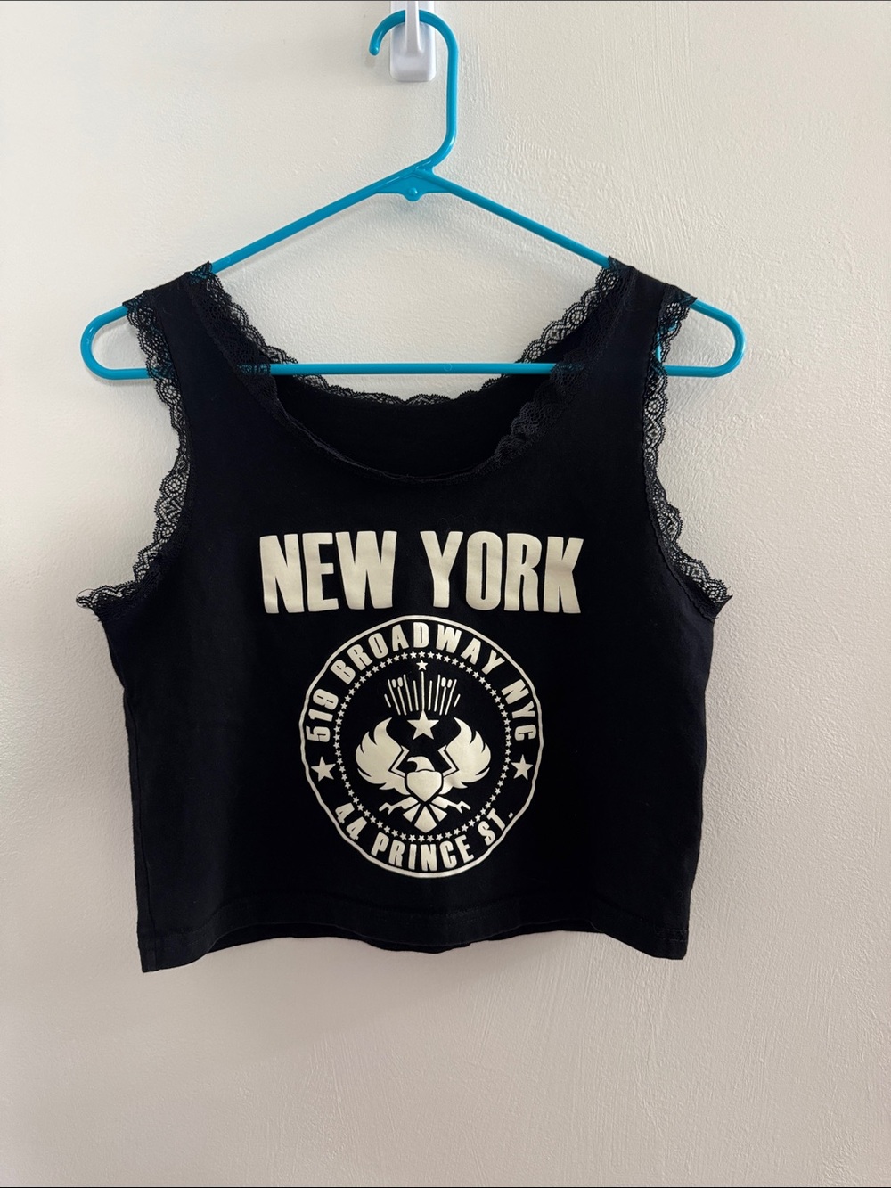 New York Graphic Lace-Trim Black Tank Top